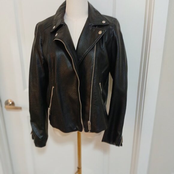 H&M Faux Leather Jacket Women’s Size 8 Black Moto Biker Zip Pockets - Picture 2 of 7